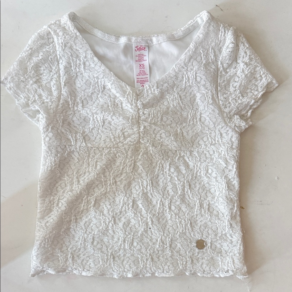 White Lace Short Sleeve V-Neck Top - Justice (Tag Visible)